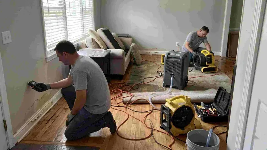Technician checking a wall with a moisture meter while drying equipment runs