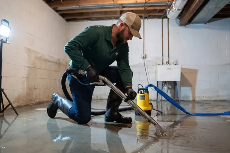 Restoration technician extracting water from a flooded room inside a home