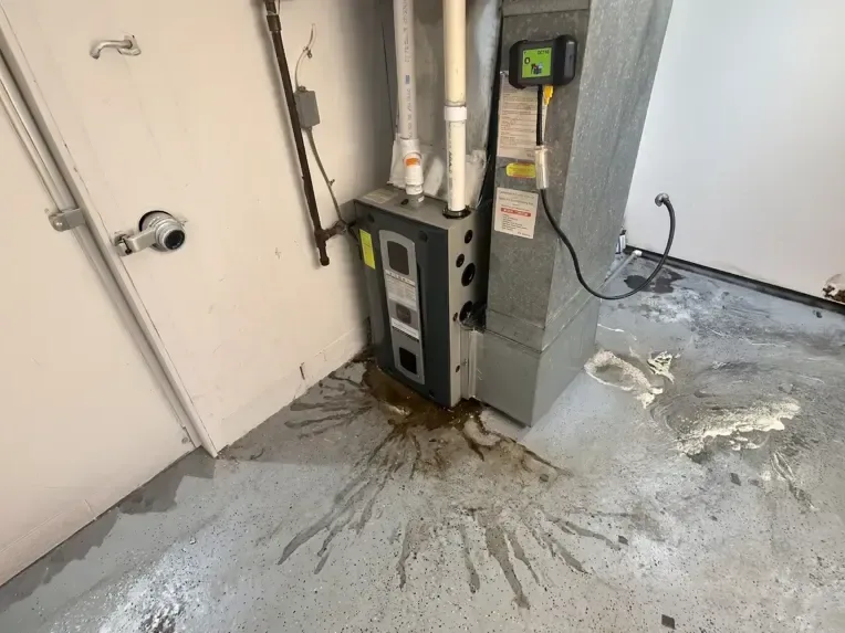 Water spreading out of an air handler closet after the AC drain clogged