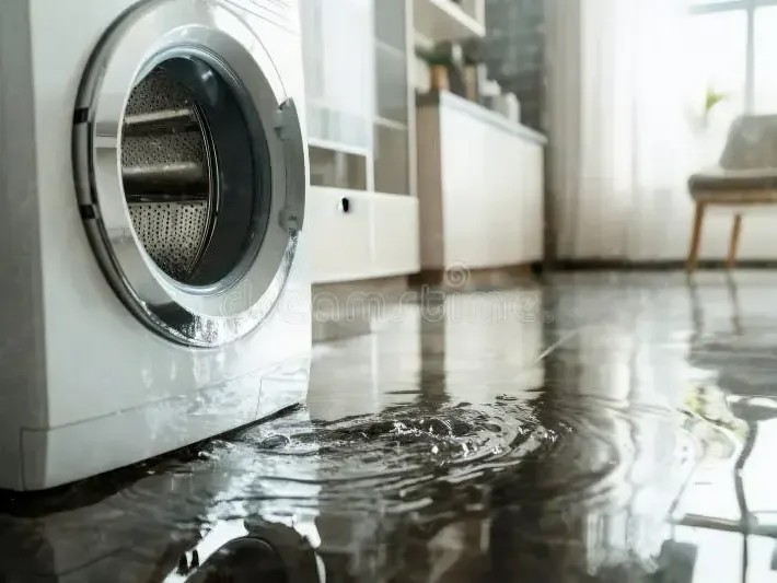 Water spread across the floor in front of a leaking washing machine