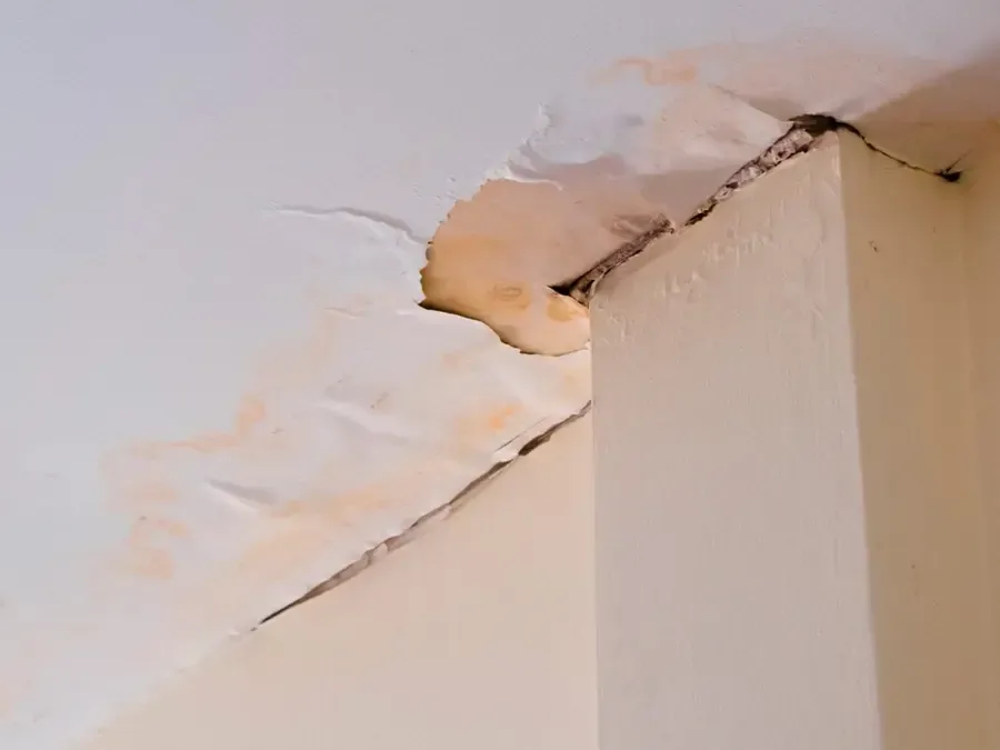 Stained ceiling drywall peeling and cracking at a corner from a leak above