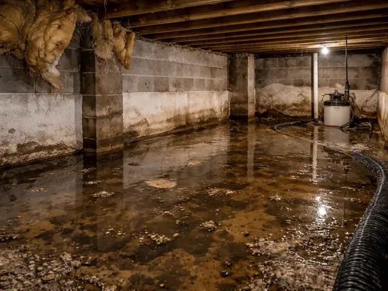 Standing water in a crawl space between block piers, with a drain hose in place