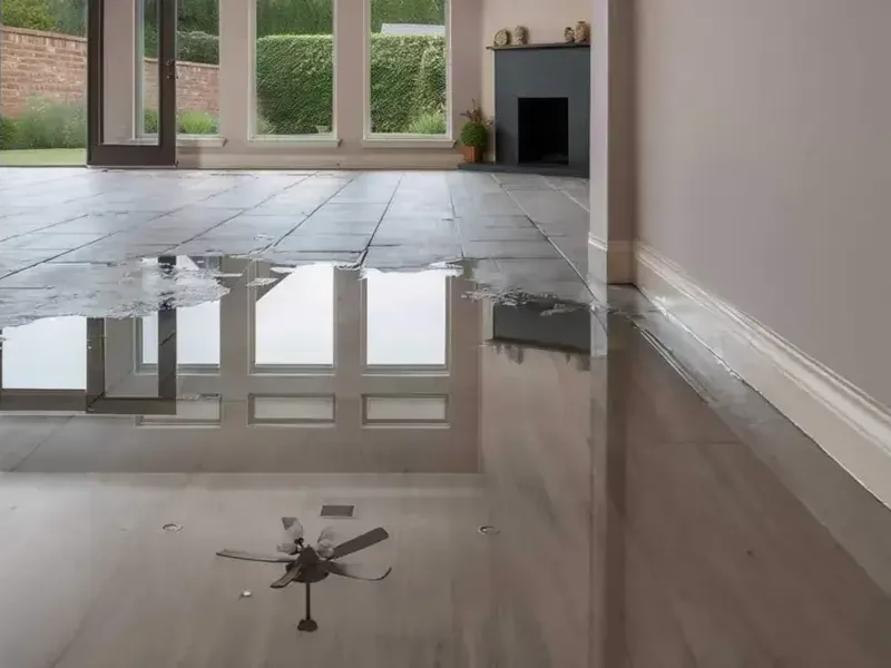Flood water standing across the floor of an emptied living room