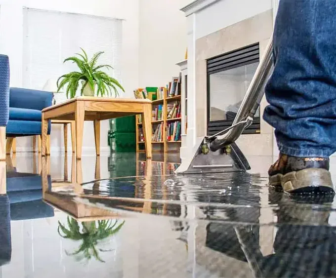 Extraction wand pulling standing water off a flooded floor inside a home